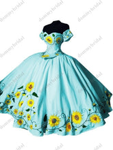 Load image into Gallery viewer, 2022 Dark Blue Sunflower Embroidery Ball Gown Cheap Quinceanera Dress Charro Mexican Satin Off Shoulder with Sleeves Formal Prom