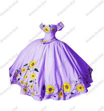 Load image into Gallery viewer, 2022 Dark Blue Sunflower Embroidery Ball Gown Cheap Quinceanera Dress Charro Mexican Satin Off Shoulder with Sleeves Formal Prom