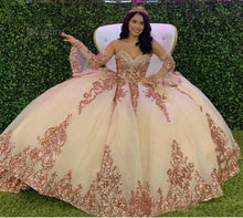 Load image into Gallery viewer, Bling Charro Sequin Appliques Quinceanera Dresses With Removeable Sleeve Sweetheart Bead Crystal Prom Dress 2021 Lace Sweet 15