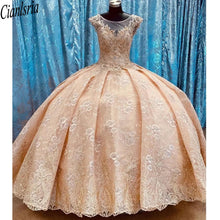 Load image into Gallery viewer, Gorgeous Blush Lace Ball Gown 2021 Mexican Quinceanera Prom Dresses Charro Jewel Sheer Neck with Train Beaded Sweet 16 Dress
