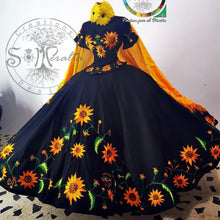 Load image into Gallery viewer, Magival Sunflowers Embroidery 2022 Mexican Quinceanera Dresses Charro Off Shoulder Satin Ball Gown Sweet 16 Dress With Wrap