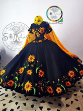 Load image into Gallery viewer, Magival Sunflowers Embroidery 2022 Mexican Quinceanera Dresses Charro Off Shoulder Satin Ball Gown Sweet 16 Dress With Wrap