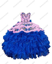 Load image into Gallery viewer, 2022 Royal Blue and White 3D Floral Flowers Vestido De 15 Anos Ball Gown Quinceanera Prom Dress Mexican Charro XV Satin Lace