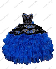 Load image into Gallery viewer, 2022 Royal Blue and White 3D Floral Flowers Vestido De 15 Anos Ball Gown Quinceanera Prom Dress Mexican Charro XV Satin Lace
