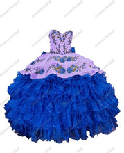 Load image into Gallery viewer, 2022 Royal Blue and White 3D Floral Flowers Vestido De 15 Anos Ball Gown Quinceanera Prom Dress Mexican Charro XV Satin Lace