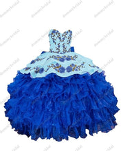 Load image into Gallery viewer, 2022 Royal Blue and White 3D Floral Flowers Vestido De 15 Anos Ball Gown Quinceanera Prom Dress Mexican Charro XV Satin Lace