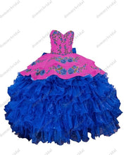 Load image into Gallery viewer, 2022 Royal Blue and White 3D Floral Flowers Vestido De 15 Anos Ball Gown Quinceanera Prom Dress Mexican Charro XV Satin Lace