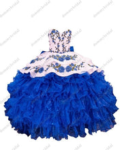 Load image into Gallery viewer, 2022 Royal Blue and White 3D Floral Flowers Vestido De 15 Anos Ball Gown Quinceanera Prom Dress Mexican Charro XV Satin Lace