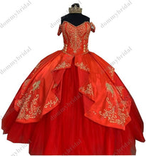 Load image into Gallery viewer, Fashion Detachable Sleeves Quinceanera Dresses Gold Embroidery Mexican Charro Ball Gown Red Satin Tulle Prom Evening Homecoming