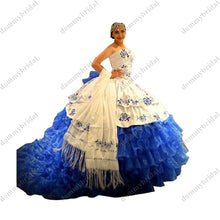 Load image into Gallery viewer, Modest Royal Blue Flower Embroidery Sweetheart Quinceanera Prom Dresses Mexican Charro XV Ball Gown Ruffles Satin Sweet 15 16