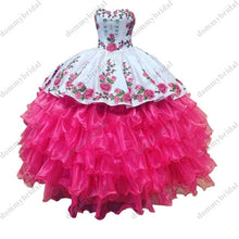 Load image into Gallery viewer, 2022 Sexy Black and Hot Pink Printed African Floral Flower Ball Gown Quinceanera Prom Formal Dress Mexican Charro Sliver Button