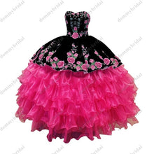 Load image into Gallery viewer, 2022 Sexy Black and Hot Pink Printed African Floral Flower Ball Gown Quinceanera Prom Formal Dress Mexican Charro Sliver Button