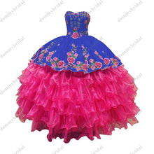 Load image into Gallery viewer, 2022 Sexy Black and Hot Pink Printed African Floral Flower Ball Gown Quinceanera Prom Formal Dress Mexican Charro Sliver Button