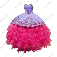 Load image into Gallery viewer, 2022 Sexy Black and Hot Pink Printed African Floral Flower Ball Gown Quinceanera Prom Formal Dress Mexican Charro Sliver Button