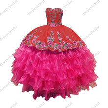 Load image into Gallery viewer, 2022 Sexy Black and Hot Pink Printed African Floral Flower Ball Gown Quinceanera Prom Formal Dress Mexican Charro Sliver Button