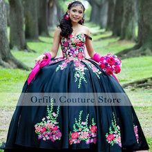 Load image into Gallery viewer, Charro Quinceanera Dresses Beaded Floral Applique Sweet 16 Birthday Wear Black Mexican robe princesse femme Prom Gowns