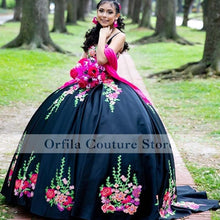 Load image into Gallery viewer, Charro Quinceanera Dresses Beaded Floral Applique Sweet 16 Birthday Wear Black Mexican robe princesse femme Prom Gowns