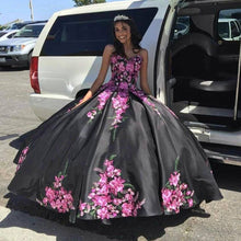 Load image into Gallery viewer, Embroidered Damas Quinceanera Dresses Black Satin Sweetheart Corset Back Charro Vestidos De Sweet 16 Dress Ball Gowns Prom Dress