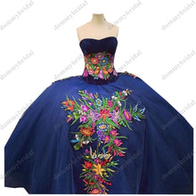 Load image into Gallery viewer, Classy Royal Blue Velvet Ball Gown Cheap Quinceanera Dresses Strapless Mexican Charro XV Flower Embroidery Graduation Prom Dress