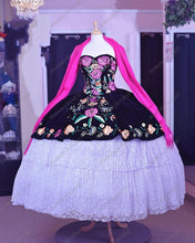 Load image into Gallery viewer, 2022 Sexy Black Velvet White Lace Mexican Charro Quinceanera Dresses Colorful Flower Embroidery Pattern Sweet 15 16 Prom Formal