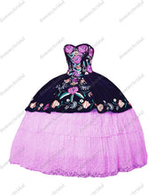 Load image into Gallery viewer, 2022 Sexy Black Velvet White Lace Mexican Charro Quinceanera Dresses Colorful Flower Embroidery Pattern Sweet 15 16 Prom Formal