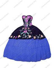 Load image into Gallery viewer, 2022 Sexy Black Velvet White Lace Mexican Charro Quinceanera Dresses Colorful Flower Embroidery Pattern Sweet 15 16 Prom Formal