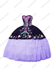 Load image into Gallery viewer, 2022 Sexy Black Velvet White Lace Mexican Charro Quinceanera Dresses Colorful Flower Embroidery Pattern Sweet 15 16 Prom Formal