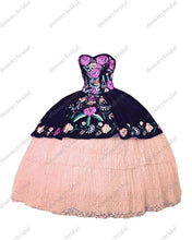 Load image into Gallery viewer, 2022 Sexy Black Velvet White Lace Mexican Charro Quinceanera Dresses Colorful Flower Embroidery Pattern Sweet 15 16 Prom Formal