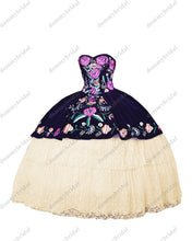 Load image into Gallery viewer, 2022 Sexy Black Velvet White Lace Mexican Charro Quinceanera Dresses Colorful Flower Embroidery Pattern Sweet 15 16 Prom Formal