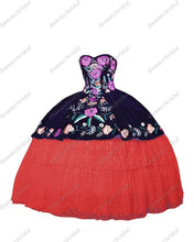 Load image into Gallery viewer, 2022 Sexy Black Velvet White Lace Mexican Charro Quinceanera Dresses Colorful Flower Embroidery Pattern Sweet 15 16 Prom Formal