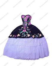 Load image into Gallery viewer, 2022 Sexy Black Velvet White Lace Mexican Charro Quinceanera Dresses Colorful Flower Embroidery Pattern Sweet 15 16 Prom Formal