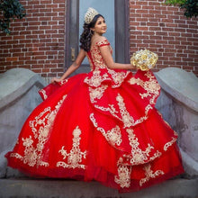 Load image into Gallery viewer, 2022 Stunning Red and Gold Embellishment Quinceanera Dresses Charro Ball Gown Off the shoulder with Sleeves Puffy Skirt Satin