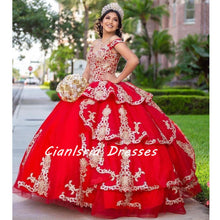 Load image into Gallery viewer, 2022 Stunning Red and Gold Embellishment Quinceanera Dresses Charro Ball Gown Off the shoulder with Sleeves Puffy Skirt Satin