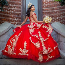 Load image into Gallery viewer, 2022 Stunning Red and Gold Embellishment Quinceanera Dresses Charro Ball Gown Off the shoulder with Sleeves Puffy Skirt Satin