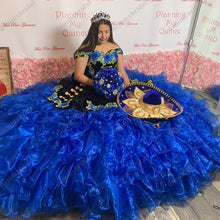 Load image into Gallery viewer, Luxurious Royal blue Black Velvet Ball Gown Puffy Quinceanera Dresses Mexican Charro Party Formal Dress Floral Flower Vestiod De