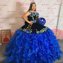 Load image into Gallery viewer, Luxurious Royal blue Black Velvet Ball Gown Puffy Quinceanera Dresses Mexican Charro Party Formal Dress Floral Flower Vestiod De