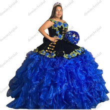 Load image into Gallery viewer, Luxurious Royal blue Black Velvet Ball Gown Puffy Quinceanera Dresses Mexican Charro Party Formal Dress Floral Flower Vestiod De