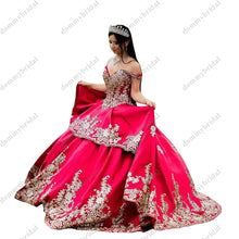 Load image into Gallery viewer, 2022 Stunning Gold Embroidery Red Ball Gown Quinceanera Prom Graduation Dress Charro Mexican Off Shoulder Sweet 15 16 Dresses