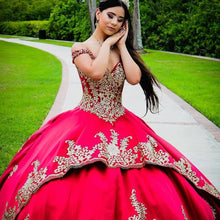 Load image into Gallery viewer, 2022 Stunning Gold Embroidery Red Ball Gown Quinceanera Prom Graduation Dress Charro Mexican Off Shoulder Sweet 15 16 Dresses