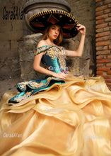 Load image into Gallery viewer, Mexican Gold Quinceanera Dresses Applique Beaded Off the Shoulder Charro Vestidos De 15 Años Organza Ruffles Sweet 16 Gowns