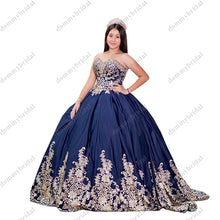 Load image into Gallery viewer, Sexy Gold Lace and Navy Blue Vestido De 15 16 XV Anos Ball Gown Sweetheart Charro Quinceanera Prom Dress Sweetheart Satin