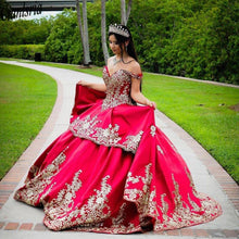 Load image into Gallery viewer, Red and Gold Embroidery Off Shoulder Quinceanera Prom Dresses Charro Ball Gown Satin Lace Applique with Sleeves Long Sweet 15