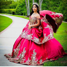 Load image into Gallery viewer, Red and Gold Embroidery Off Shoulder Quinceanera Prom Dresses Charro Ball Gown Satin Lace Applique with Sleeves Long Sweet 15
