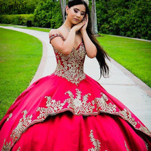 Load image into Gallery viewer, Red and Gold Embroidery Off Shoulder Quinceanera Prom Dresses Charro Ball Gown Satin Lace Applique with Sleeves Long Sweet 15