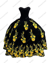Load image into Gallery viewer, Modest Yellow Printed Floral Flowers Black Velvet Ball Gown Quincaenera Dress Mexican Charro XV Sweet 15 Party Formal Prom Dress