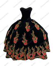 Load image into Gallery viewer, Modest Yellow Printed Floral Flowers Black Velvet Ball Gown Quincaenera Dress Mexican Charro XV Sweet 15 Party Formal Prom Dress