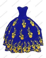 Load image into Gallery viewer, Modest Yellow Printed Floral Flowers Black Velvet Ball Gown Quincaenera Dress Mexican Charro XV Sweet 15 Party Formal Prom Dress