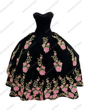 Load image into Gallery viewer, Modest Yellow Printed Floral Flowers Black Velvet Ball Gown Quincaenera Dress Mexican Charro XV Sweet 15 Party Formal Prom Dress