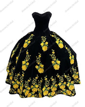 Load image into Gallery viewer, Modest Yellow Printed Floral Flowers Black Velvet Ball Gown Quincaenera Dress Mexican Charro XV Sweet 15 Party Formal Prom Dress