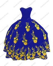 Load image into Gallery viewer, Modest Yellow Printed Floral Flowers Black Velvet Ball Gown Quincaenera Dress Mexican Charro XV Sweet 15 Party Formal Prom Dress